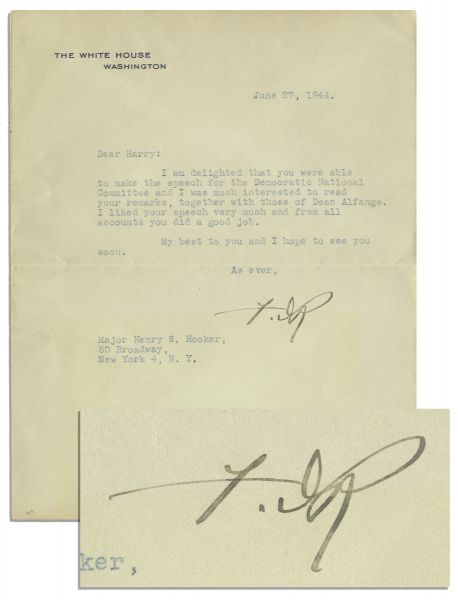Franklin D. Roosevelt Typed Letter Signed as President on White House Stationery -- ''...I am delighted that you were able to make the speech for the Democratic National Committee...''