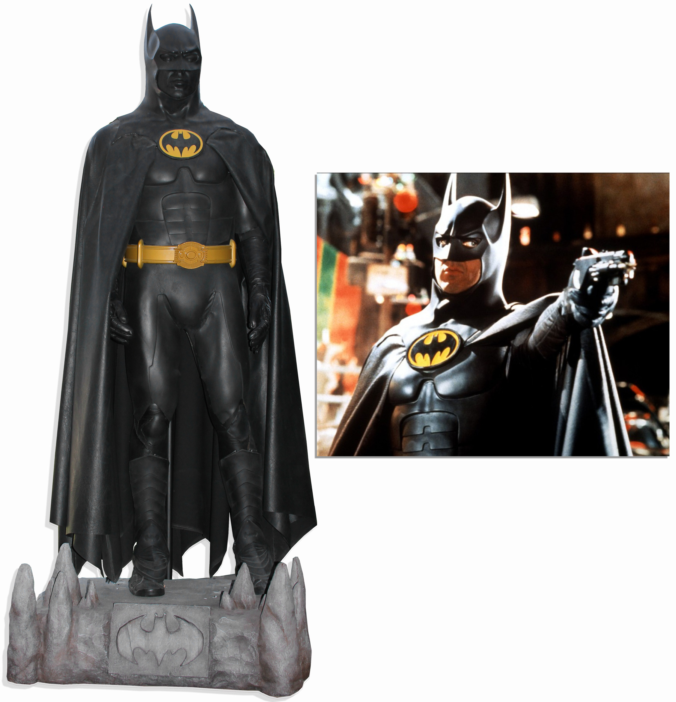 Lot Detail - The Batsuit Worn by Michael Keaton in ''Batman'' From 1989 --  Measures Over 7' Tall on Custom Display