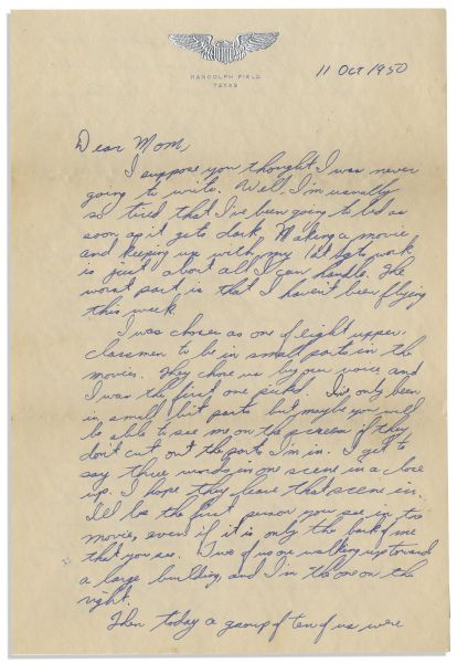 Early Gus Grissom Autograph Letter Signed to His Mother as an Air Force Cadet & Actor in ''Air Cadet'' Starring Steven McNally -- ''...I'll be flying jets at Williams Field before very long...''