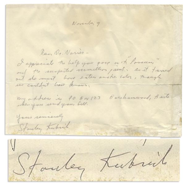 Stanley Kubrick Autograph Letter Signed -- ''...I appreciate the help you gave with 'Possum' and the suspected vermillion paint. As it turned out she must have eaten another color...''