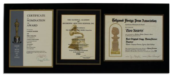 Trio of Nomination Certificates for Entertainment's Most Prestigious Awards -- Academy Award, Grammy & Golden Globe -- For ''Two Hearts'' by Phil Collins and Lamont Dozier for Film ''Buster''