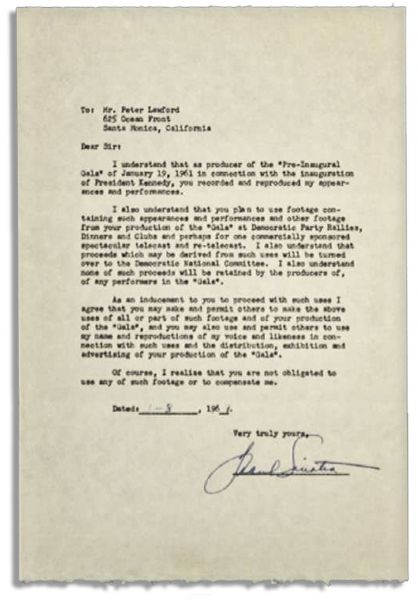 Frank Sinatra Typed Letter Signed to Peter Lawford -- Regarding JFK's Inauguration