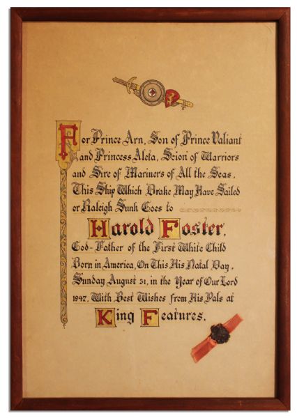 Hal Foster's Personal Mock Award From His ''Prince Valiant'' Comic Strip -- 1947