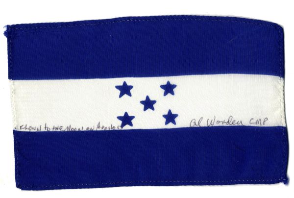 Apollo 15 Flown 6'' x 4'' Honduras Flag -- Signed & Inscribed ''Flown to the Moon on Apollo 15'' by NASA Astronaut Al Worden -- Near Fine -- Also With COA by Worden