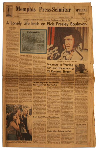 Elvis Presley Newspaper From His Hometown of Memphis -- Dated 17 August 1977 -- ''...The King is Dead...''