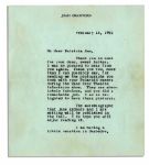 Joan Crawford Typed Letter Signed -- ''...Thank you...for sending me the photographs you took with your Polaroid camera during the Zane Grey Theatre television show...'' -- 1961