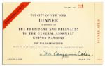 United Nations 1949 Dinner Invitation -- in New York City for the Start of the General Assemblys Fourth Session -- 20 September 1949
