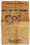 1960 World Series Newspaper -- Pittsburgh Post-Gazette Announces BUCS ARE THE CHAMPS & Credits Bill Mazeroskis Home Run