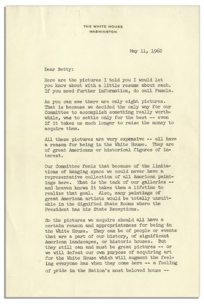 Jackie Kennedy Letter on White House Stationery -- White House Art -- ''...the pictures we acquire should all have a certain reason and appropriateness for being in the White House...''