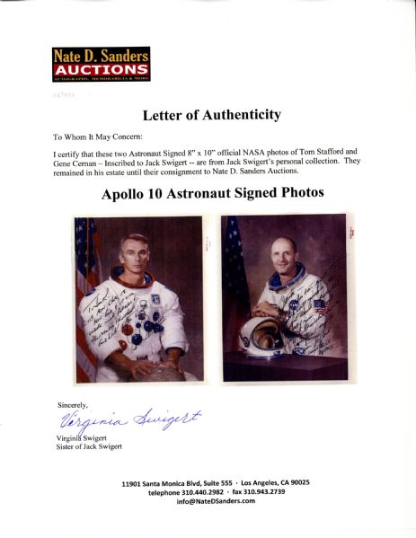 Apollo 10 Astronaut 8'' x 10'' Photos Signed -- Stafford & Cernan -- 2 Photos Dedicated to Apollo 13 Pilot Jack Swigert, From His Personal Collection