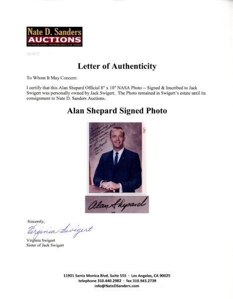 Alan Shepard Official 8'' x 10'' NASA Photo -- Signed & Inscribed to Jack Swigert