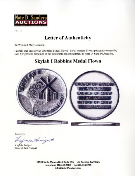 Jack Swigert's Personally Owned Skylab 1 (SL-2) Robbins Medal Flown -- Serial #18 -- One of Only 50 Flown