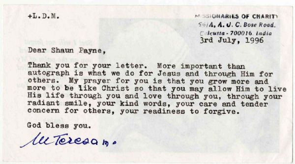 Mother Teresa Typed Letter Signed -- ''...My prayer for you is that you grow more and more like Christ...''
