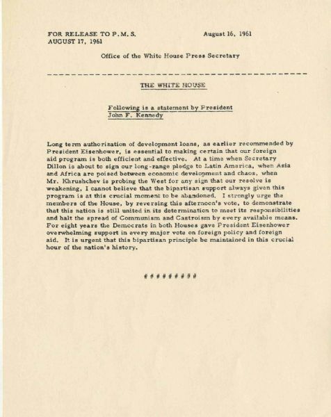 JFK Statement Urging Congress to Halt Communism and ''Castroism'' and Reverse the Vote on Foreign Aid -- 16 August 1961