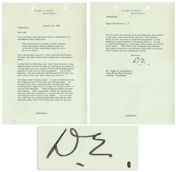 Dwight D. Eisenhower Letter Signed as President:  ''...This means the failure of self-government...More especially...it means that the extreme left wingers will be back in the saddle...''