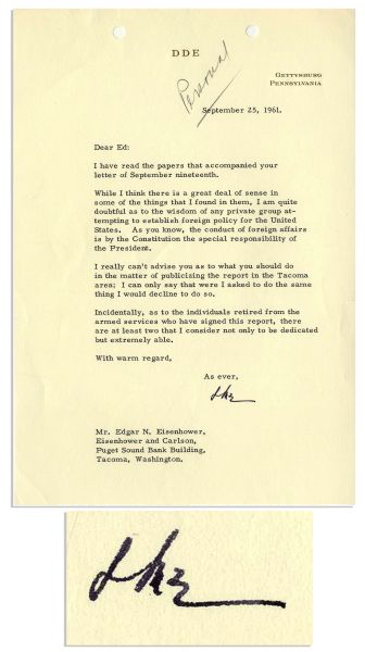 Dwight Eisenhower Typed Letter Signed to His Brother Edgar -- ''...I am quite doubtful as to the wisdom of any private group attempting to establish foreign policy for the United States...''
