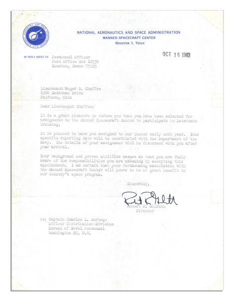 Roger Chaffee's 1963 Astronaut Acceptance Letter, Signed By NASA Director Gilruth -- ''...great pleasure to inform you that you have been selected...to participate in Astronaut Training...''