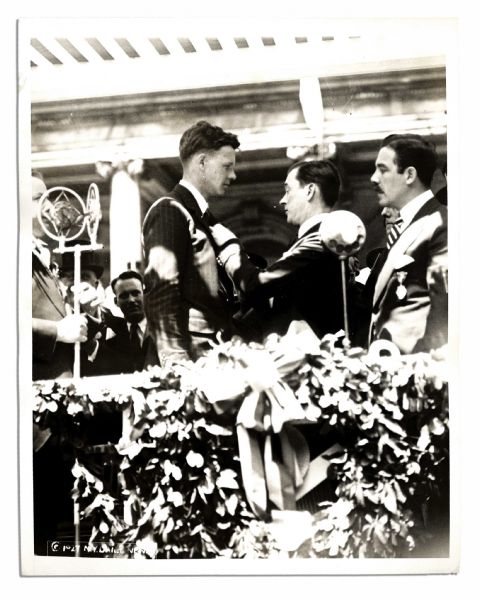 Press Photo of Charles Lindbergh Receiving Medal of Valor in NY on 13 June 1927 -- 8'' x 10'' Semi-Matte Photo Is Near Fine