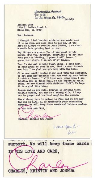 Charles ''Tex'' Watson Signed Letter From Prison -- ''...we are expecting again. Yahoo. We are blessed with children. GLORY. We hope it is a girl this time...'' -- 1983