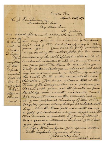 Eyewitness Letter to President Abraham Lincoln's Assassination -- ''...at the trial of conspirators as a witness you could not give all the facts in your knowledge...''