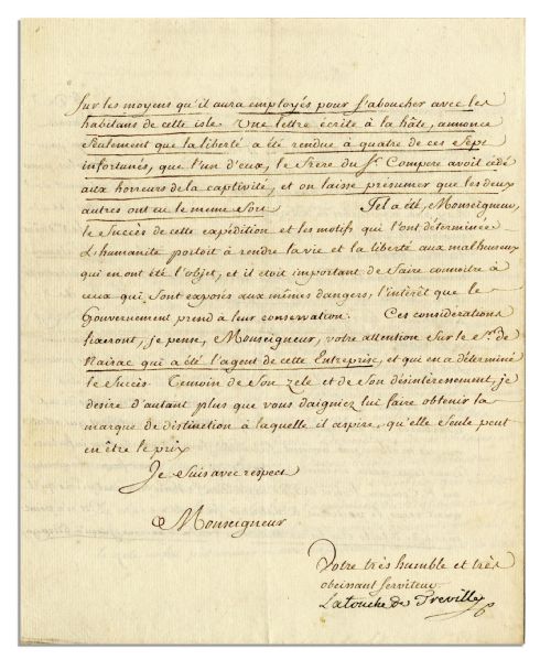 French Admiral Latouche Treville Letter Signed -- ''...The crew of the ship Tordeaux wrecked in 1773 on the island of Tizago, where they had found the most awful captivity...''