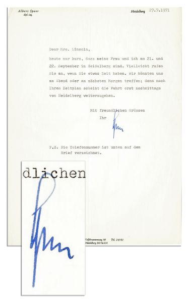 Albert Speer Typed Letter Signed -- ''...p.s. The phone number is at the bottom of this letter...''