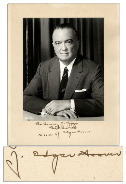 J. Edgar Hoover Inscribes Mount Surrounding Matte Photo -- ''To Tommy J. Riggs / Best wishes / J. Edgar Hoover / 10.16.61'' -- 9'' x 11.25'' -- Toning, Else Near Fine