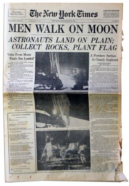 ''The New York Times'' Announces Feat of Human Achievement -- ''Men Walk On Moon'' -- 21 July 1969