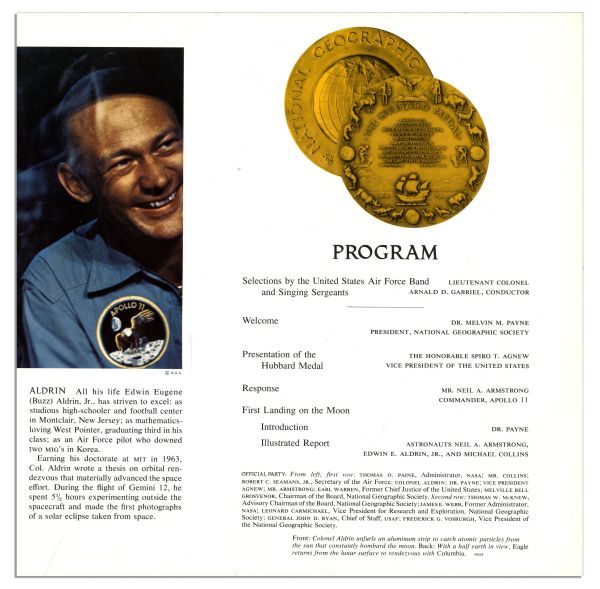 Neil Armstrong Signed Photo & Signed Program From National Geographic's 1970 Hubbard Medal Ceremony -- Fantastic Lot of Two Signatures by the Elusive Astronaut
