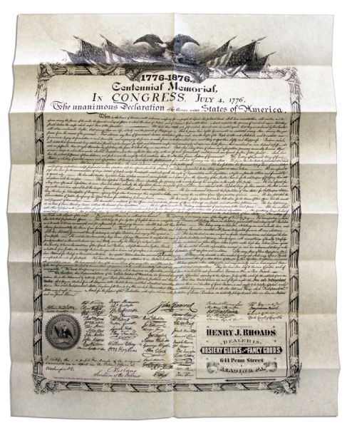 1876 Centennial Broadside Print of The Declaration of Independence