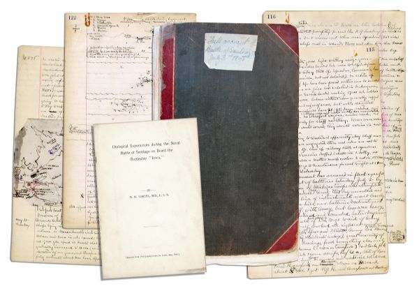 Handwritten Diary by Spanish-American Doctor Aboard Battleship Iowa -- Account of Battle of Santiago -- ''Spaniards were almost naked...men swam ashore with...meat of wounds uncovered...''