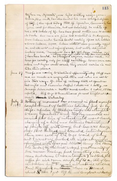 Handwritten Diary by Spanish-American Doctor Aboard Battleship Iowa -- Account of Battle of Santiago -- ''Spaniards were almost naked...men swam ashore with...meat of wounds uncovered...''