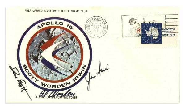 Apollo 15 Crew-Signed NASA Insurance Cover -- ''Al Worden'', ''Dave Scott'' & ''Jim Irwin'' -- Cancelled 26 July 1971 -- 6.5'' x 3.75'' -- Near Fine -- Also With COA From Worden