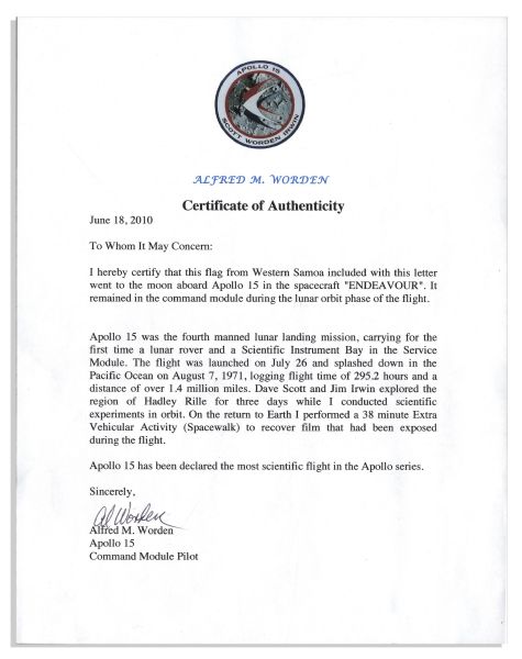 Apollo 15 Flown 6'' x 4'' Western Samoa Flag -- Signed & Inscribed ''Flown to the Moon on Apollo 15'' by NASA Astronaut Al Worden -- Near Fine -- Also With COA by Worden