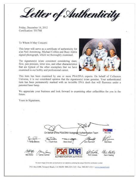 Apollo 11 Crew-Signed 10'' x 8'' NASA Photo -- Neil Armstrong, Michael Collins & Buzz Aldrin -- With PSA/DNA COA
