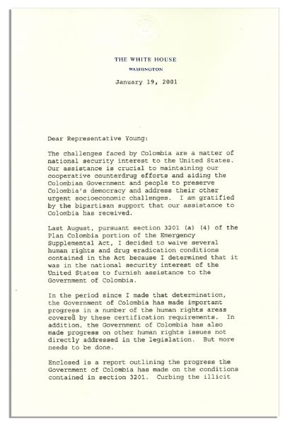 'William J. Clinton'' Typed Letter Signed as President 1 Day Before He Left Office -- ''...challenges faced by Colombia are a matter of national security interest to the United States...''