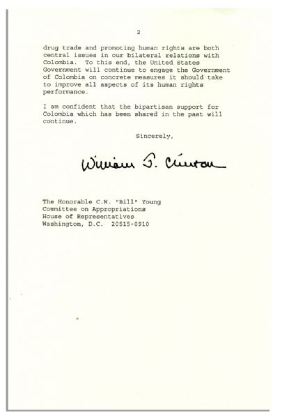 'William J. Clinton'' Typed Letter Signed as President 1 Day Before He Left Office -- ''...challenges faced by Colombia are a matter of national security interest to the United States...''