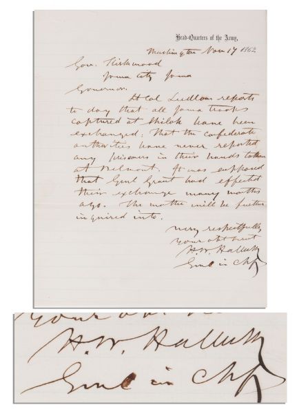 Civil War General Henry Halleck Autograph Letter Signed as General in Chief -- ''...Iowa troops captured at Shiloh have been exchanged...Grant had effected their exchange...months ago...''