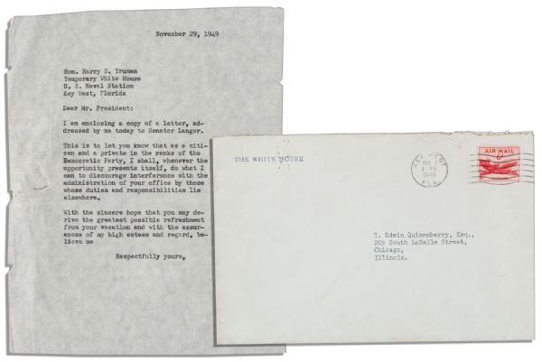 President Truman Letter Signed -- ''...The question of division of powers...of responsibilities between the executive and the legislative branches...is as old as the Constitution itself...''