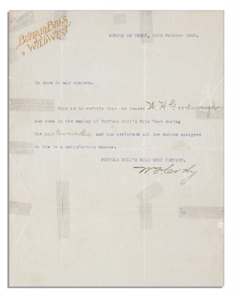 Wild West Icon ''Buffalo Bill'' Cody 1903 Typed Letter Signed ''W.F. Cody''