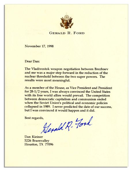 Gerald Ford Typed Letter Signed With Excellent Post-Cold War Content -- ''...the Soviet Union's political and economic policies collapsed...''