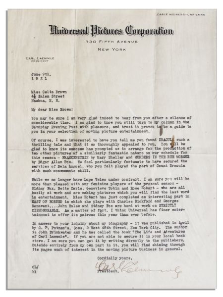 Carl Laemmle 1931 Letter Signed Regarding Universal Studios -- ''...[Dracula's] success has prompted us to arrange for the production of...'Frankenstein' by Mary Shelley...''
