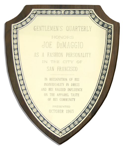 Joe DiMaggio Sport Jacket Worn on the Cover of ''GQ'' in 1965 -- Along With His Award Plaque From the Magazine as One of San Francisco's Best Dressed Men