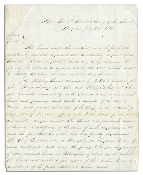 William T. Sherman's Civil War Orders Handwritten by His Assistant Following the Battle of Memphis -- ''...All houses inside the new Fort must be forthwith vacated by families...''