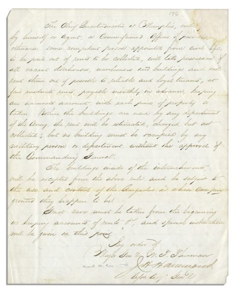 William T. Sherman's Civil War Orders Handwritten by His Assistant Following the Battle of Memphis -- ''...All houses inside the new Fort must be forthwith vacated by families...''