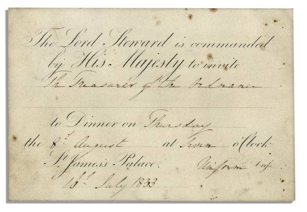 King William IV 1833 Invitation to Dinner St James's Palace