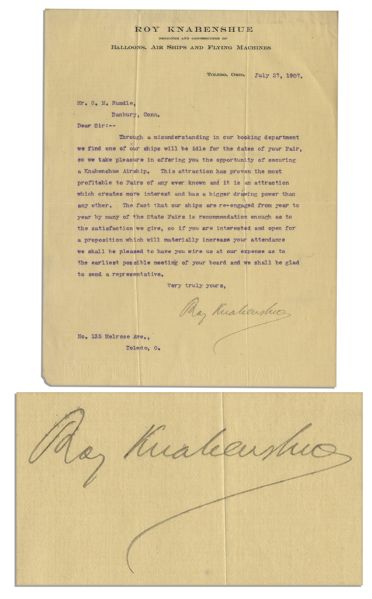 Aviation Pioneer A. Roy Knabenshue Typed Letter Signed Discussing Renting Airships -- ''...we take pleasure in offering you the opportunity of securing a Knabenshue Airship...''