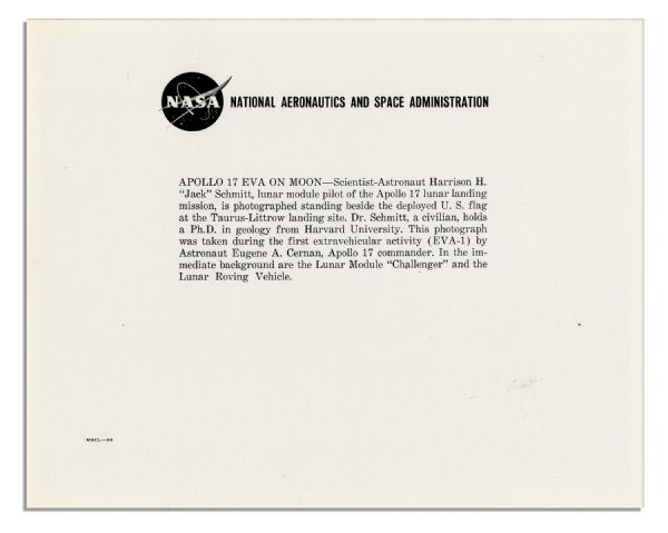 Signed Lunar Photo of Apollo 17 Astronaut Harrison Schmitt -- 10'' x 8'' -- Fine