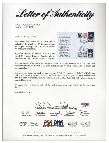 Excellent STS-107 First Day Cover -- Signed by Each of the Astronauts From the Tragic 2003 Mission -- With PSA/DNA COA