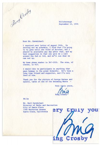 Bing Crosby Typed Letter Signed -- ''...I would like to participate in anything that pays homage to the great Schmidty...''